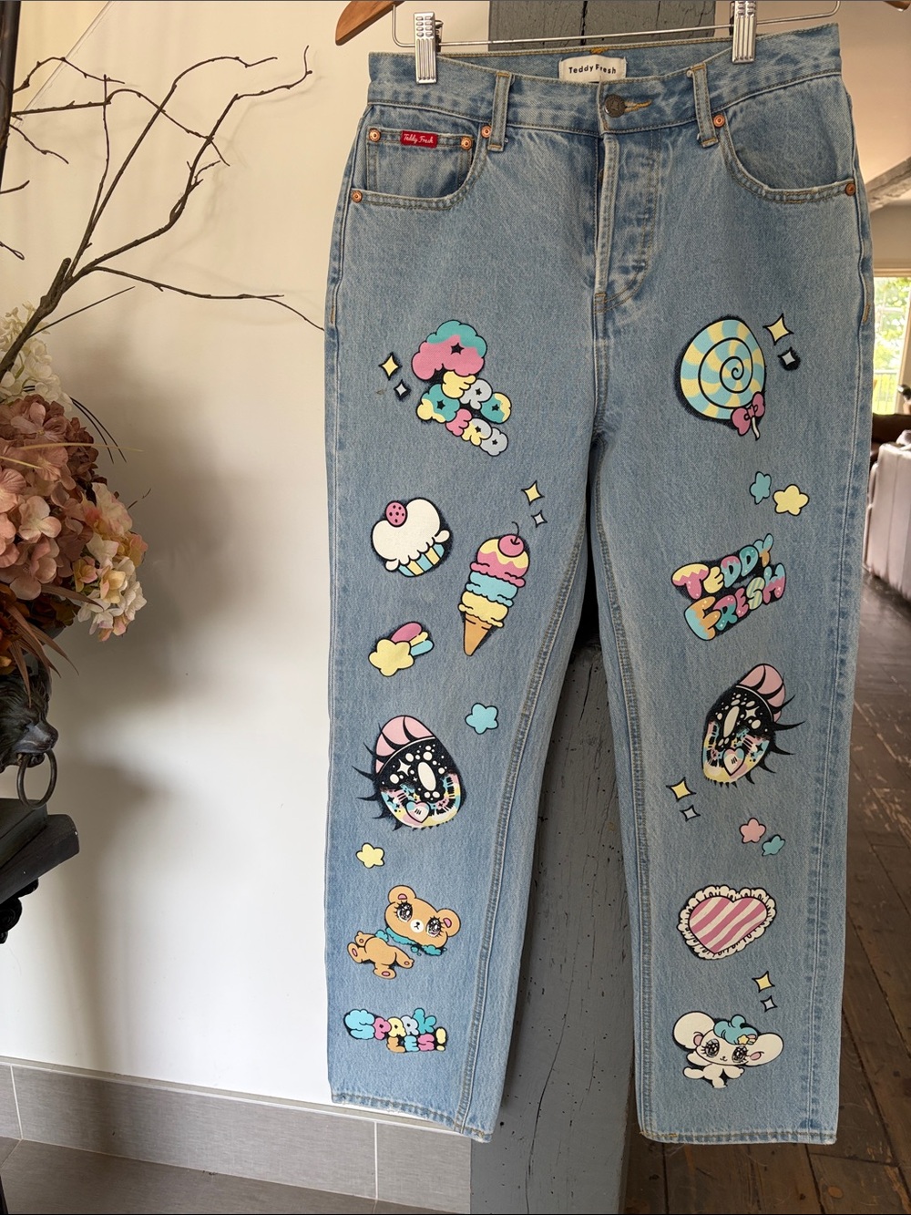 Teddy Fresh Light Blue Straight-Leg Jeans with Pastel Graphic Patches